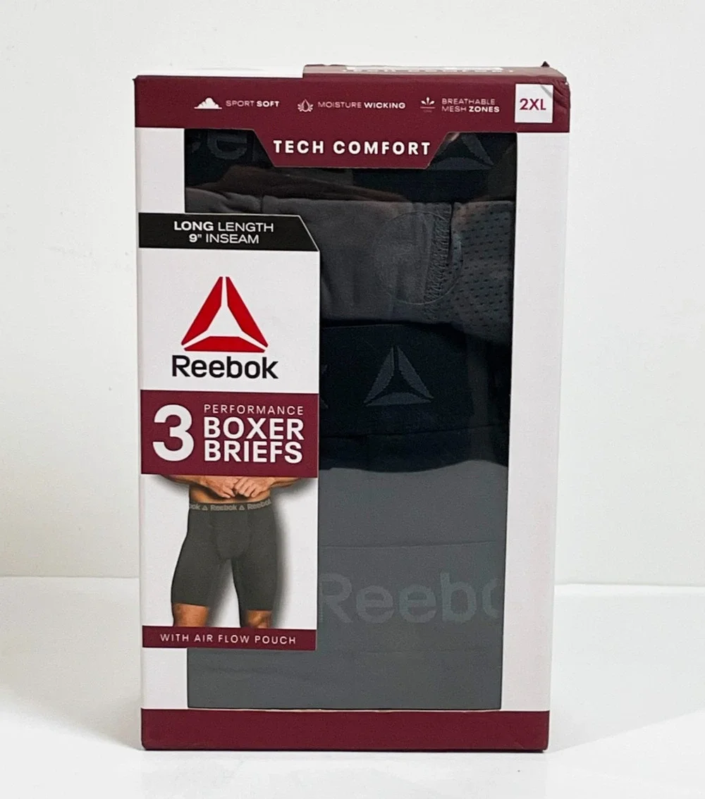 Reebok Men's Tech Comfort Performance Boxer Briefs Long Length 3 Pack 2XL
